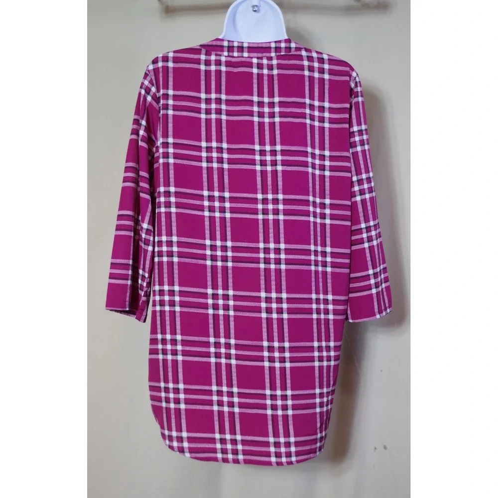 CW Classics Women's Medium Magenta Pink Plaid 3/4 Sleeve Tunic Blouse